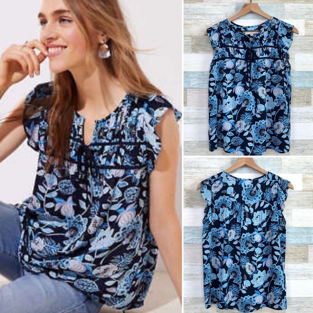 LOFT Pineapple Dream Smocked Tie Neck Shell Top Blue Casual Womens XS